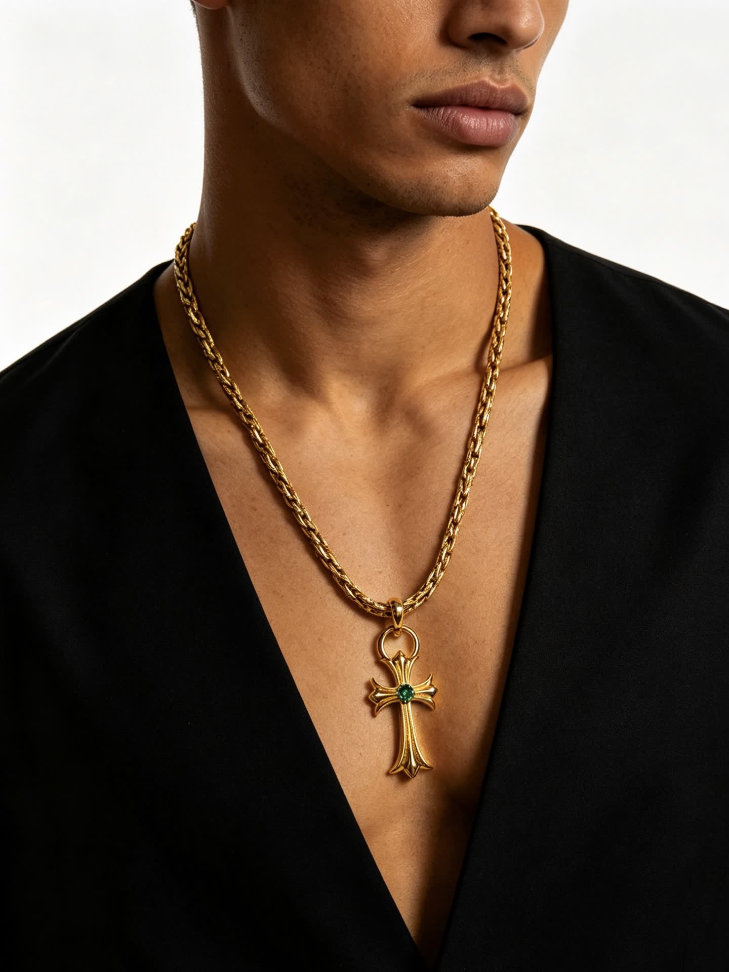 Chrome Hearts Gold Cross Pendant Necklace with Emerald
